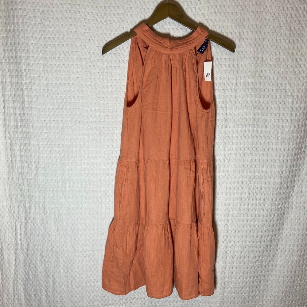 GAP Crinkle Gauze Halter Tiered Mini Dress Color Sunburn Orange Size S Tall